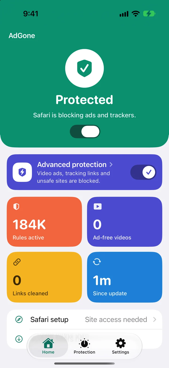 AdGone's home screen: Protected, Safari is blocking ads and trackers